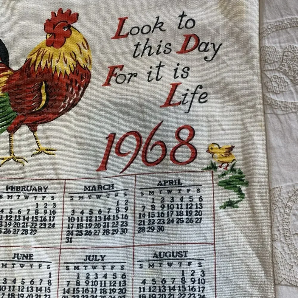 Vintage Tea Towel 1968 Calendar Rooster 16 X 25